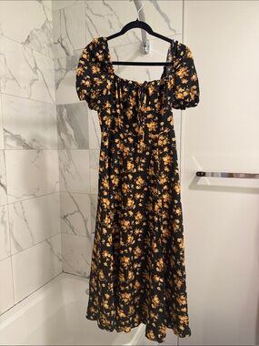 SHEIN Black Midi Dress with Yellow Floral Print and Puff Sleeves